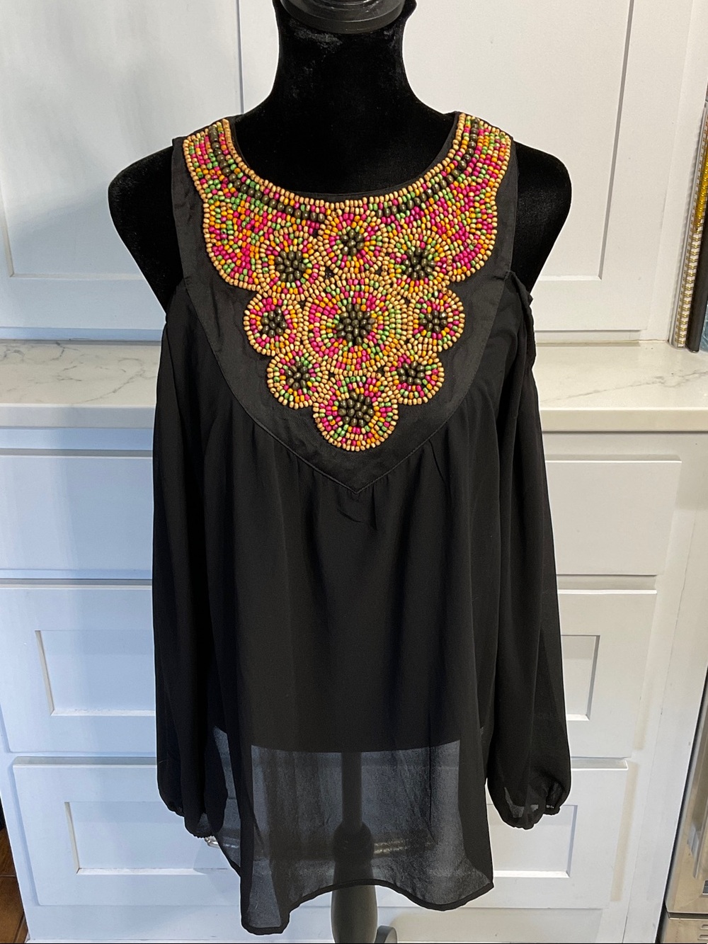Umgee Beaded Neckline Black Cold-Shoulder Women's Blouse